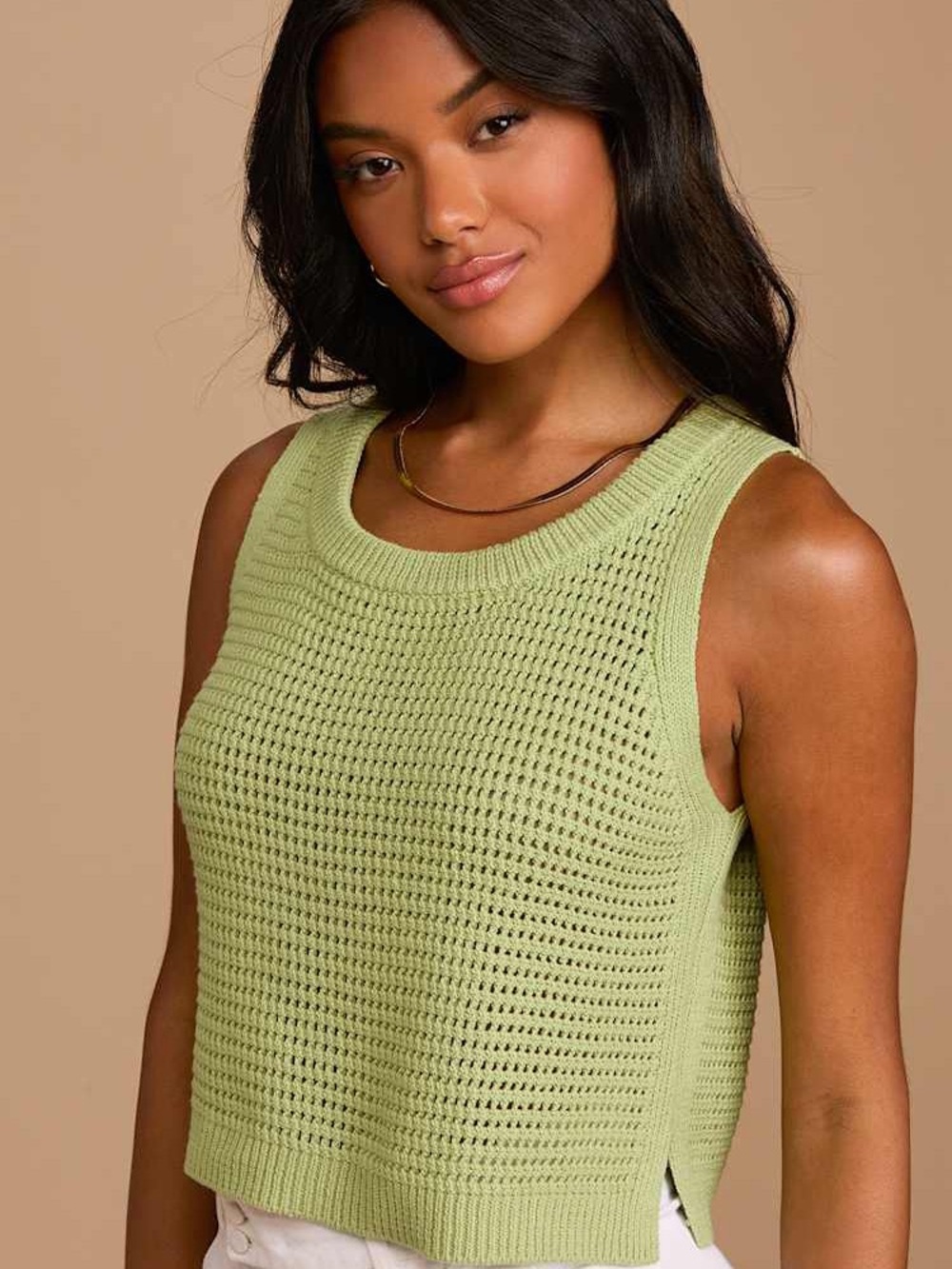 Lulu's Pistachio Open-Knit Sleeveless Tank